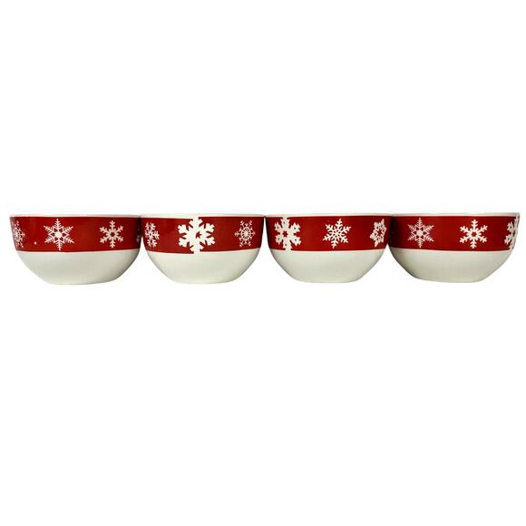 Royal Norfolk Stoneware Red Snowflake 5.5" Soup/Cereal Bowls-Set of 4 - Picture 3 of 7